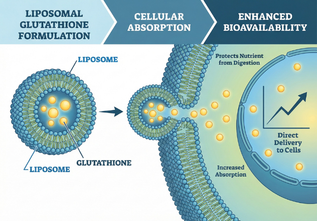 shows glutathione wrapped in a liposome to show how it protects the glutathione for absorption